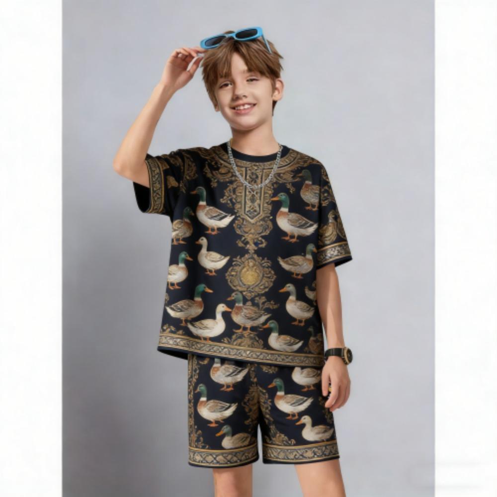 Men's Set Fashion Fun Animal Duck Printed Men's T-shirt and Shorts 2 Piece Set Summer Casual Outdoor Men's and Women's Outfit