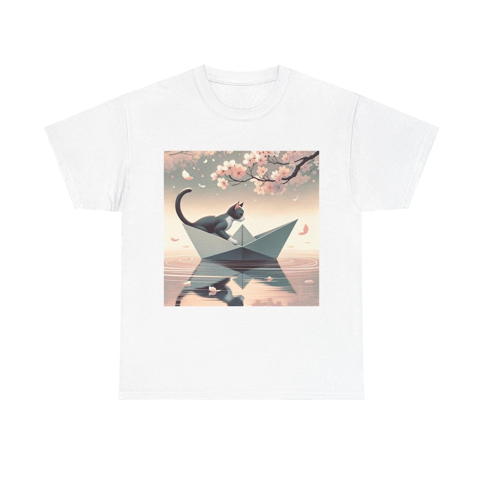 Unisex Adult T Shirt Minimalist Cat in Paper Boat S