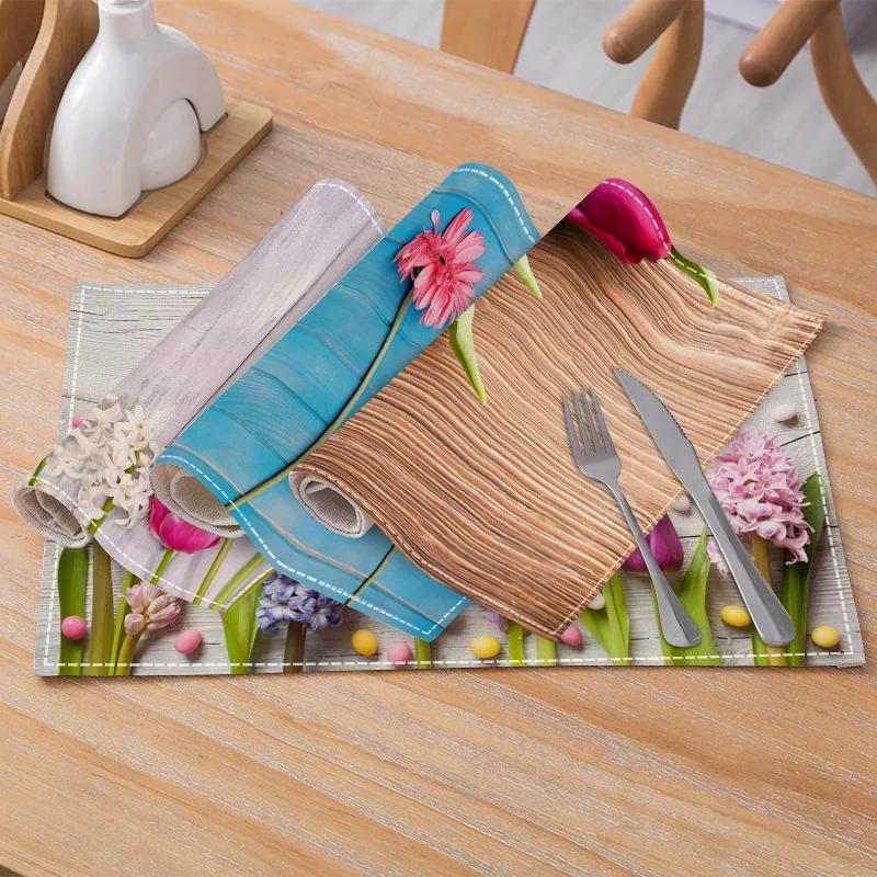 New Rustic Linen Placemats with Pink Flowers Printed Rectangular Insulation Mats Kitchen Dining Room Decorative Table Mats