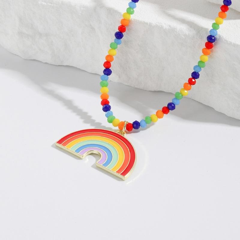 Fashion Rainbow Pendant Necklace Choker Neck Chain Elegant Clavicle Chain Handmade Beaded Necklace Statement Jewelry