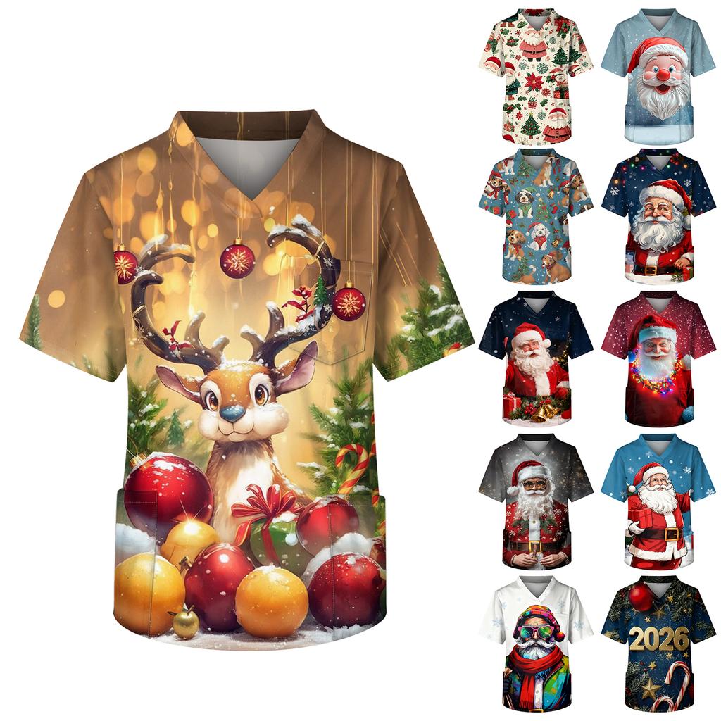 Herre Trykk Kortermet V-hals Arbeidsbluse Brystlomme Omsorgstopp