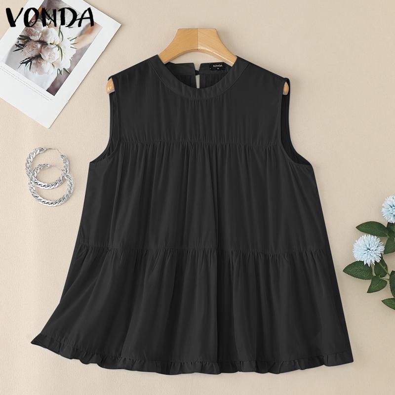 VONDA Summer Women Casual Round Neck Ruffled Loose Sleeveless Tank Tops