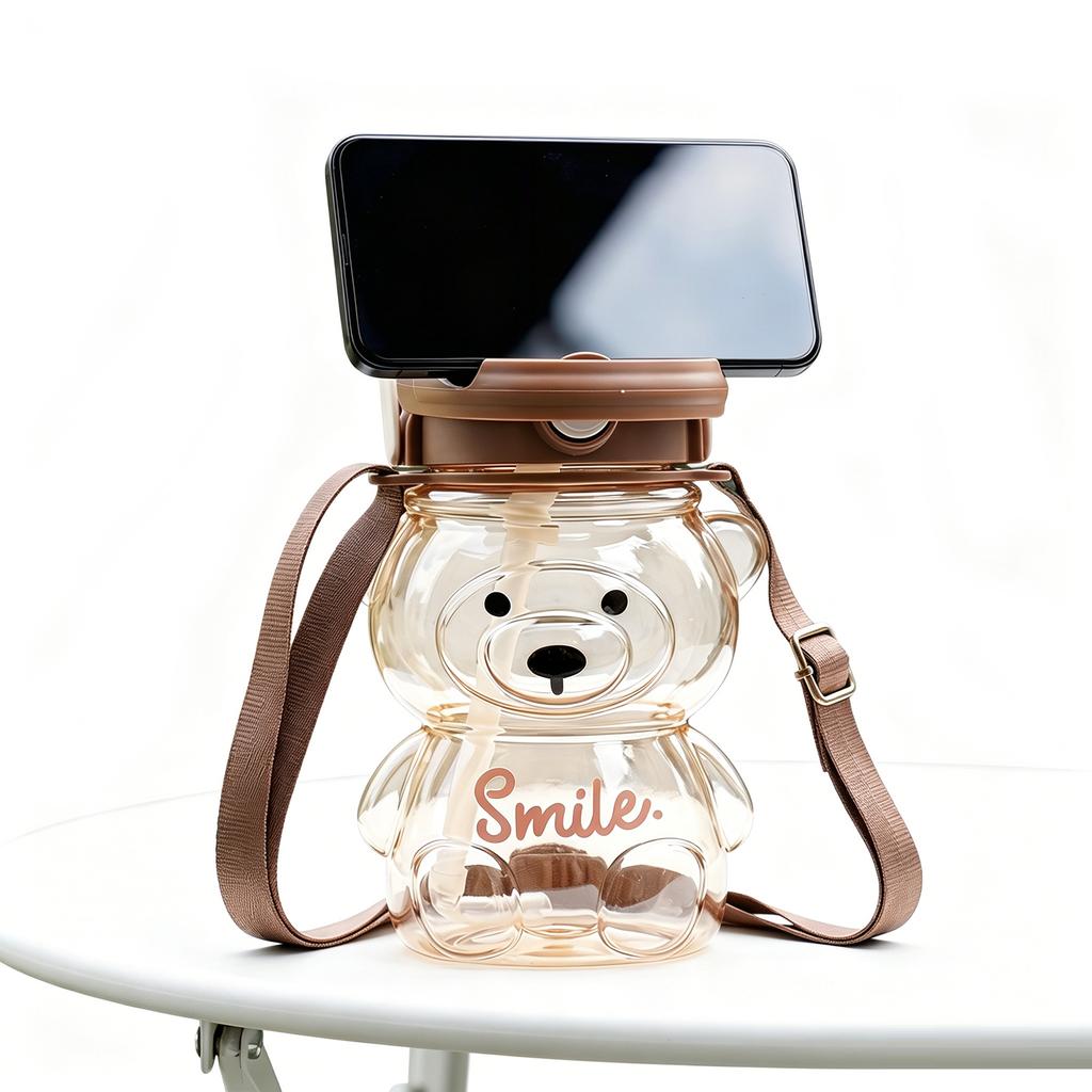 Cute Bear Straw Cup Leak-proof Large Capacity with Adjustable Shoulder Strap for Daily Office Work Outdoors Leisure Occasions