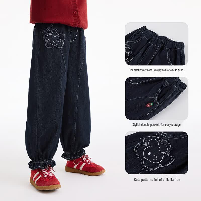 Girls' Cartoon Embroidered Tapered Denim Jeans