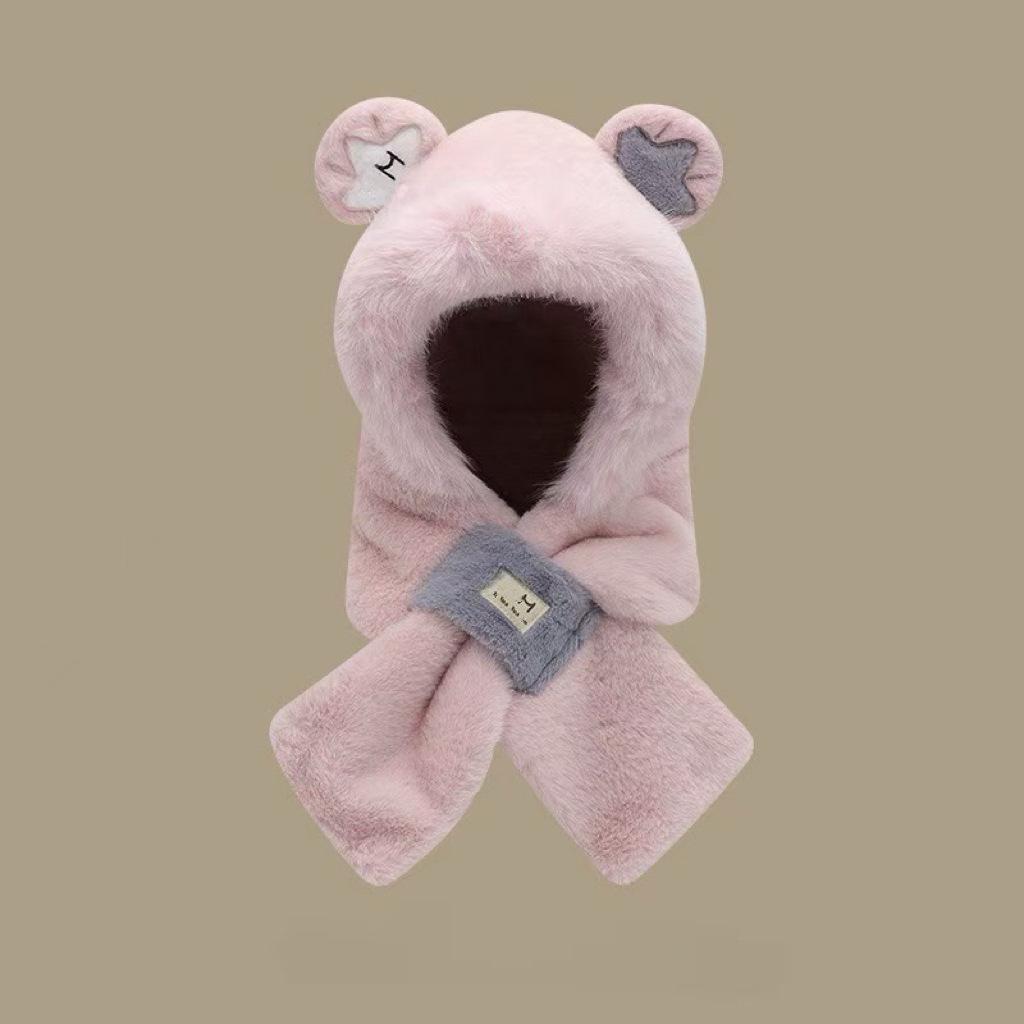 Fox Ear Hat and Scarf Combo for Women, Cute Plush Furry Animal Hat with Attached Neck Warmer, Two-piece Set for Winter