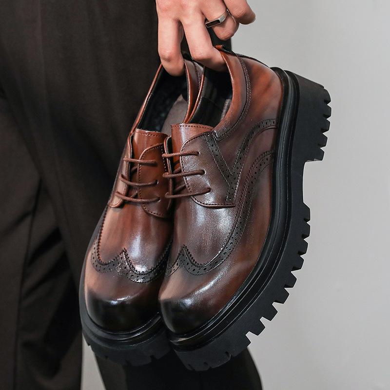 Men's Large Size Round Toe Brogue Shoes Comfortable Thick Bottom Rubber Sole Leather Upper Low Heel Black Derby Business Formal