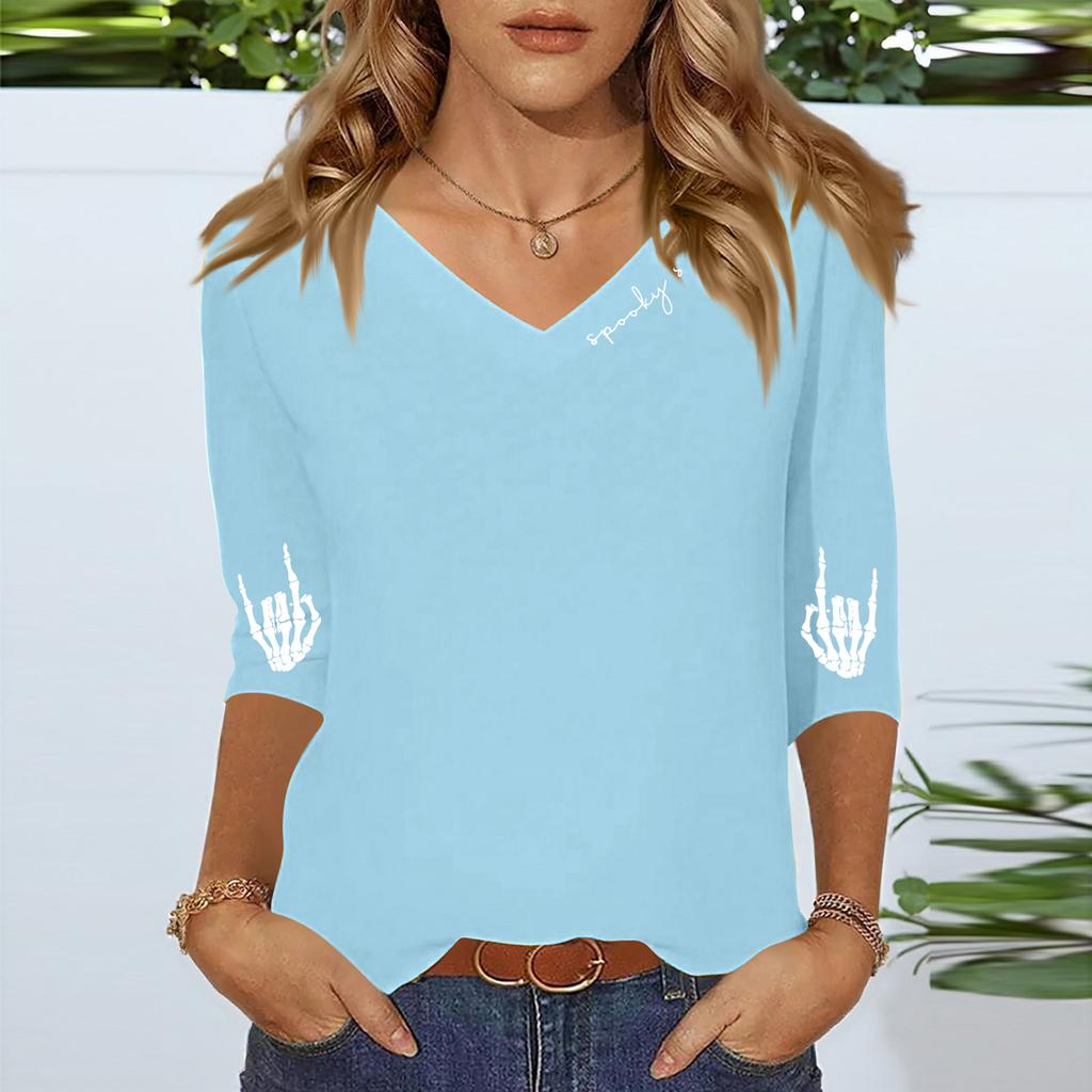 Women's Three-quarter Sleeve Shirt V-neck Loose Casual Spooky Scason Halloween Print Top