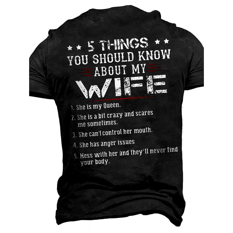 Lustiges Herren-T-Shirt "5 Dinge über meine Frau" Sarcastic - Weiches atmungsaktives Baumwoll-Retro-Humor-T-Shirt mit themenbezogenem Aufdruck, lockere Passform, kurzärmlig