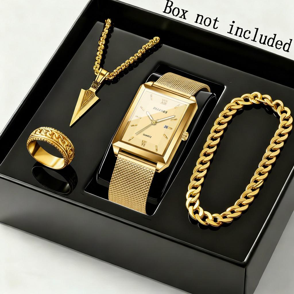 4pcs/set Fashion Men's Quartz Watch & Necklace Bracelet Set -Men's Necklaces Ring, Men's Bracelets Business Watch | Elegant Watch for Men