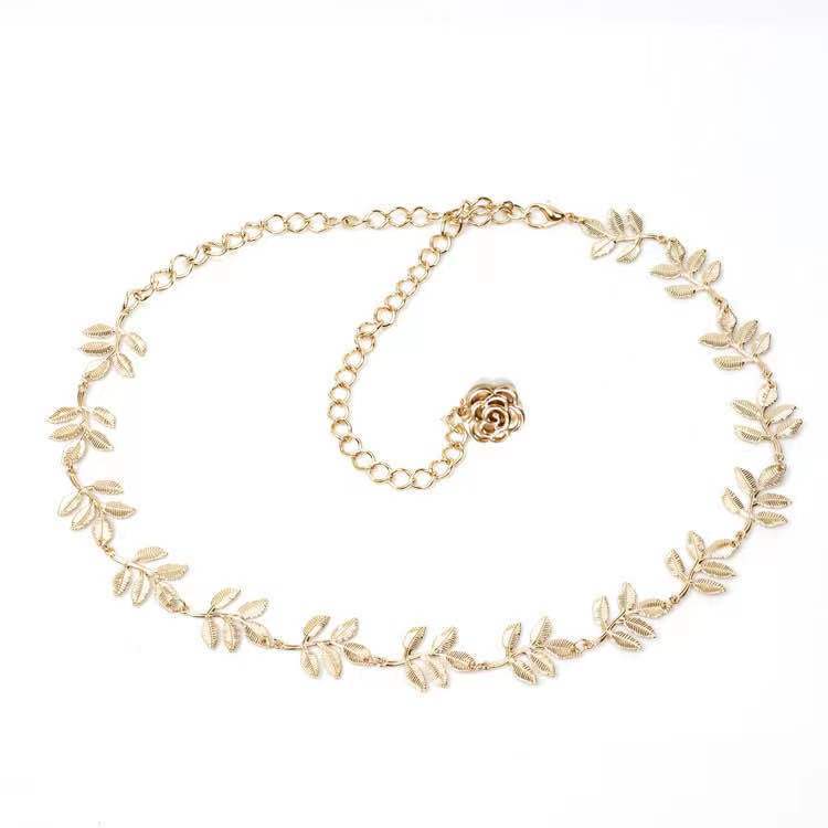 European and American Big Brand Leaf Decoration Gold Dress Thin Waist Chain Women's Decoration Elastic Metal Waist Chain Waist Decoration