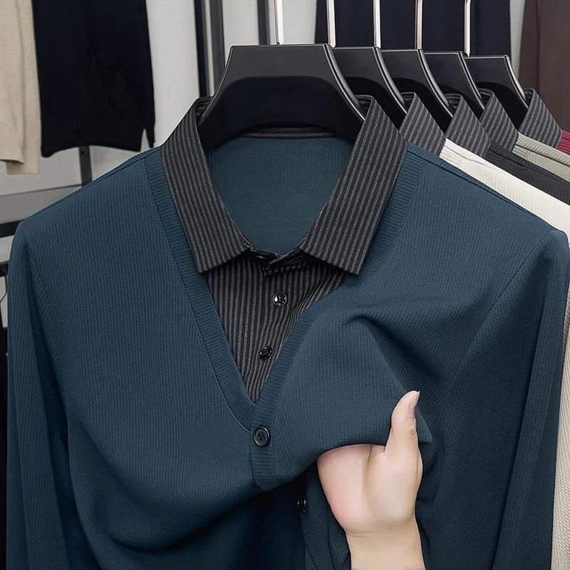 Men's Fake Two Piece Polo Shirt Casual Fashion Long Sleeve Collar T-shirt Versatile Top