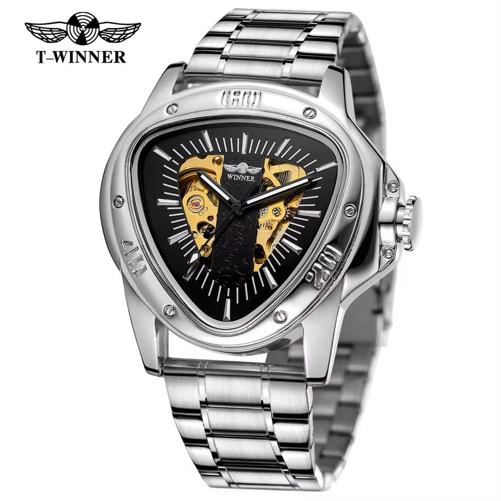 WINNER Herren Automatikuhren für Herren Luxus Hohl Dreieck Herren Mechanische Armbanduhren Skelett Wasserdicht Reloj Hombre