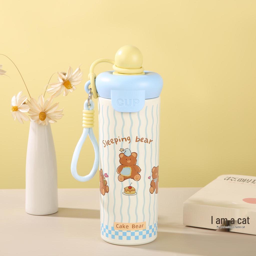 New Cute Cartoon Insulated Stainless Steel Water Cup with Straw and Handheld Rope