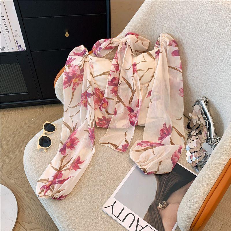 

French style Goddess Temperament Atmosphere Square Collar Ribbon Chiffon Shirts Female Summer Gentle Style All-Match Short Crop Main color L