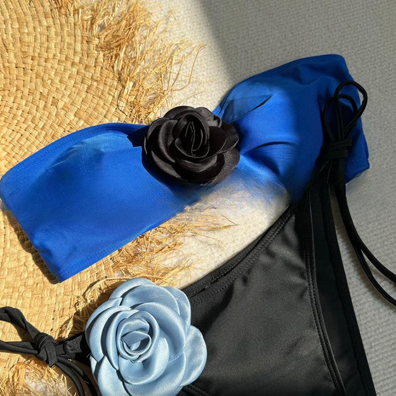Sexy 3D Flower Strapless Bandeau Bikini Women Swimwear Female Swimsuit Two-pieces Bikini Set High Cut Bathing Suit Swim Lady