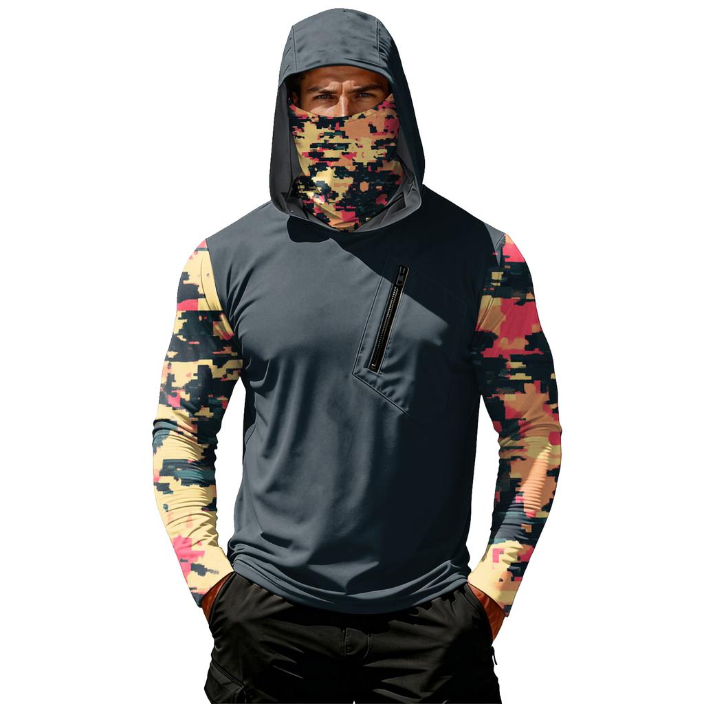 Men's Casual Camouflage Print Hooded Long Sleeve Sun Protection Shirt Lightweight Breathable Outdoor Activewear