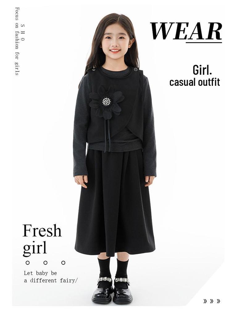 Autumn 2025 Girl's Casual Parent-Child Three-Piece Set: Vest, Base Shirt, Skirt