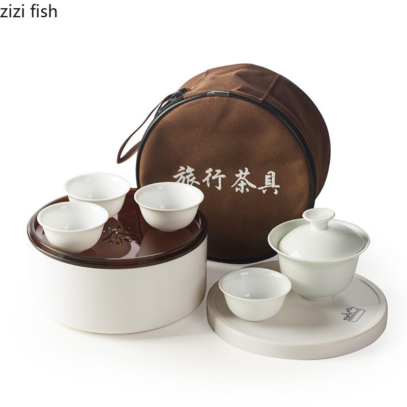 7-częściowy zestaw Chiński Zestaw do Herbaty Kung Fu Ceramiczny Przenośny Zestaw Czajniczek Podróżny na Zewnątrz Gaiwan Filiżanki do Herbaty Ceremonii Herbacianej Filiżanka Drobny Prezent