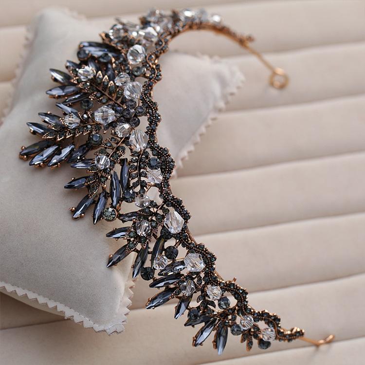 Baroque Bronze Black Crystal Beads Bridal Tiaras Rhinestone Diadem Pageant Crown For Brides Headbands Wedding Hair Accessories