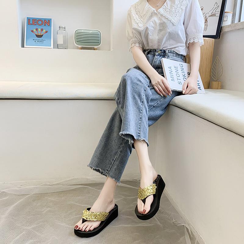 Glitzer, Zehensandalen, Damen, Keilabsatz, Dicke Sohle, Hausschuhe, Strandschuhe, Pantoletten, Glänzend, Damenpantoletten