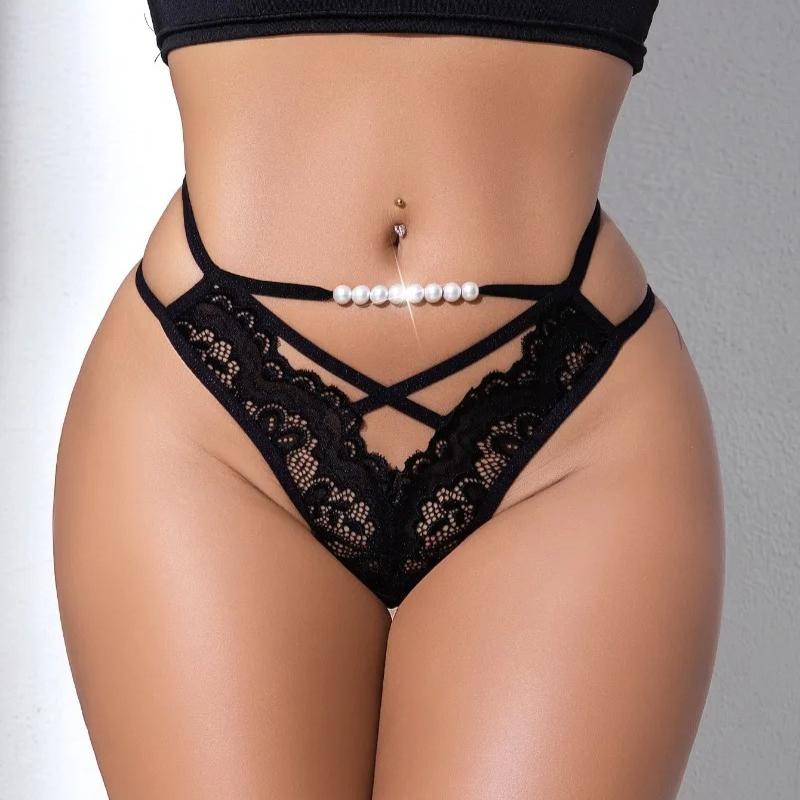 1 Pcs Pearl Design Lace Ladies Briefs Elegant Sexy Women G-string Hollow Out Sexy Lingerie Low Waisted Pearls Decor Lady Thongs