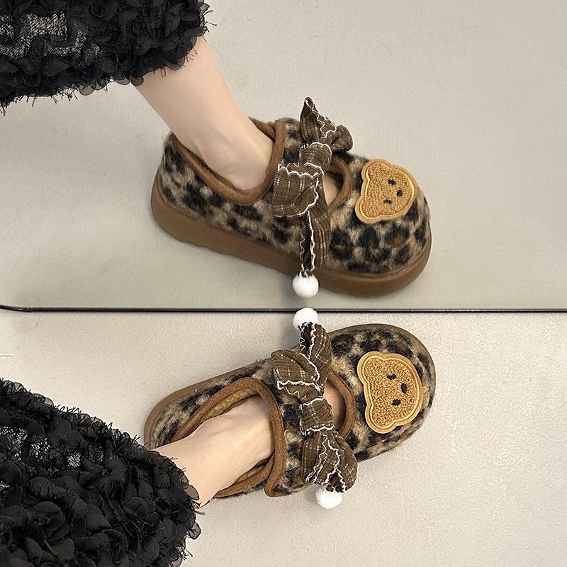 Leopard print broken diamond flat Mary Jane shoes cartoon platform fluffy shoes women's autumn and winter fashion versatile cotton shoes plush sing