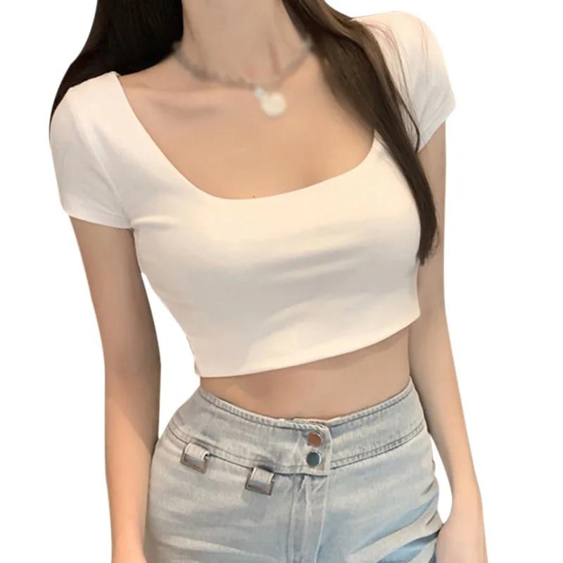 Sommer U-Ausschnitt Kurzes kurzärmeliges T-Shirt Damen Top Slim Square Neck Crop Top