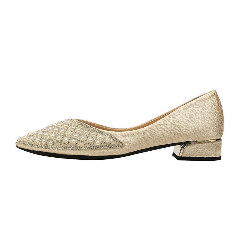 New Low-Heel Classic Fashion Versatile Pointed Toe 3cm Chunky Heel Shallow Mouth Rhinestone Pearl Mesh Women'S Shoes