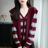 Spring Two Piece V Neck Sweater Set with Shawl Striped Wool Knit Slim Fit Long Sleeve Casual Letter