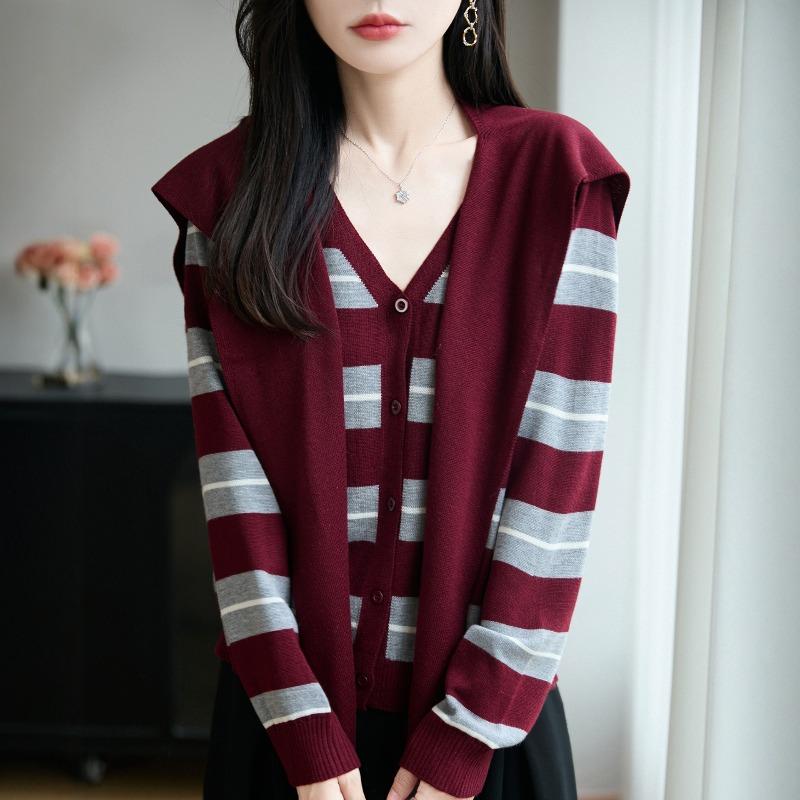 Spring Two Piece V Neck Sweater Set with Shawl Striped Wool Knit Slim Fit Long Sleeve Casual Letter