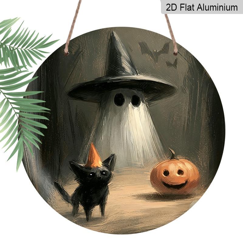 2D Flat, 1pc Decorative Plaques and Ornaments Sign, Round Distressed Aluminum Halloween Witch Hat Ghost Black Cat Hanging Plaque, Pumpkin Bat