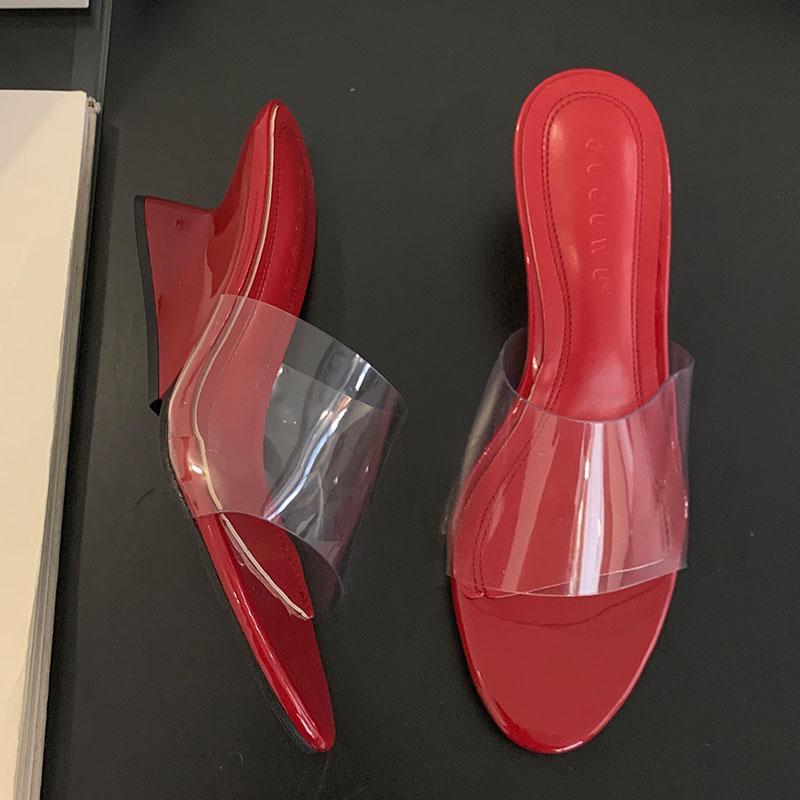 Fashion Red Women Wedges Slippers Pumps Shoes Outdoors Female Round Toe Footwear Fashion Transparent Ladies Heels Sandals Slippers Shoes