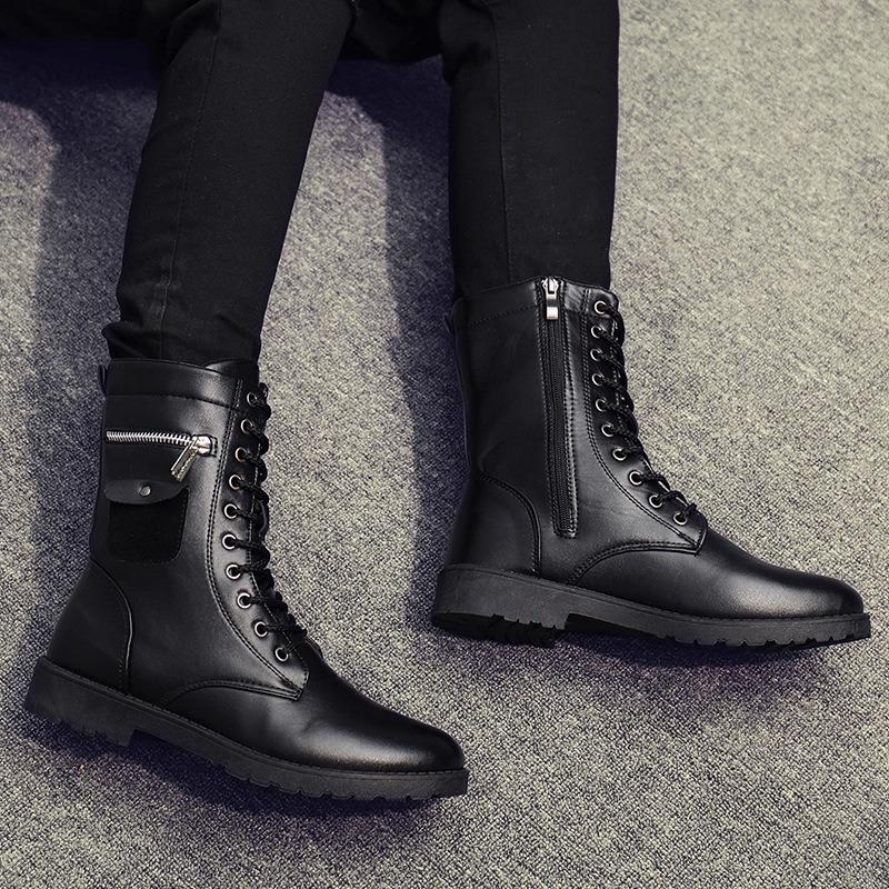 Men's High-top Boots Fashion Motorcycle Boots Metal Side Zip Leather Boot Plush Warm Winter Boots for Men Casual Business Botas