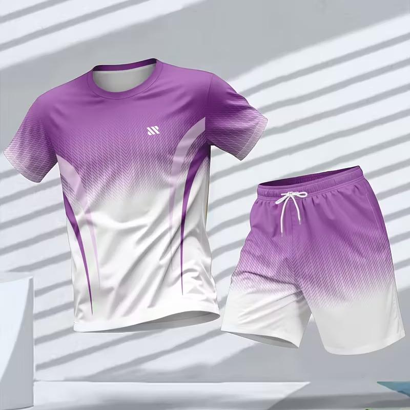 

Men s Summer Personalized Color Printed Comfortable Breathable Round Neck T-shirt Shorts Set Outdoor Casual Sportswear XS фиолетовый