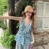 Summer New Women's Plaid V-neck Sleeveless Vest Ruffle Pleated Top