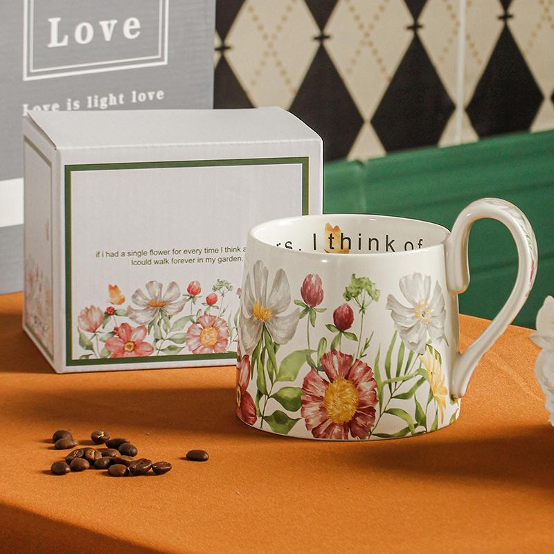 Hand Painted Flowers Large Capacity Mug Ceramic Cup Coffee Cup Water Cup Breakfast Cup Original Design White Porcelain