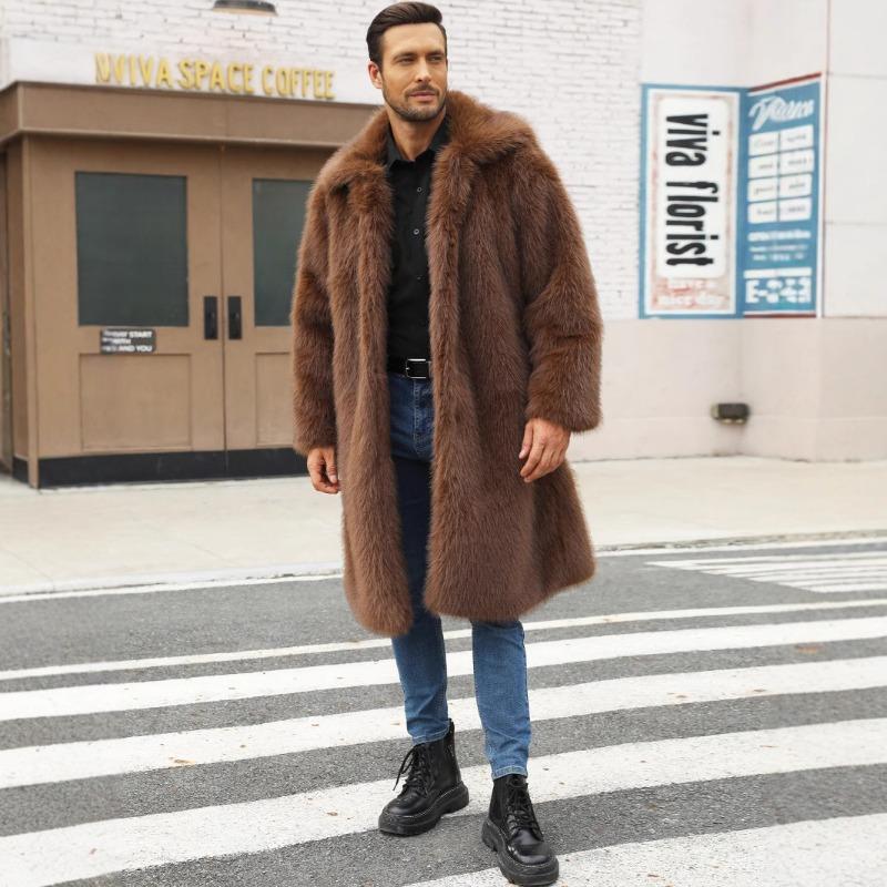 Herren Braun Kunstpelz Langer Mantel Reverskragen Oversize Warme Winterjacke