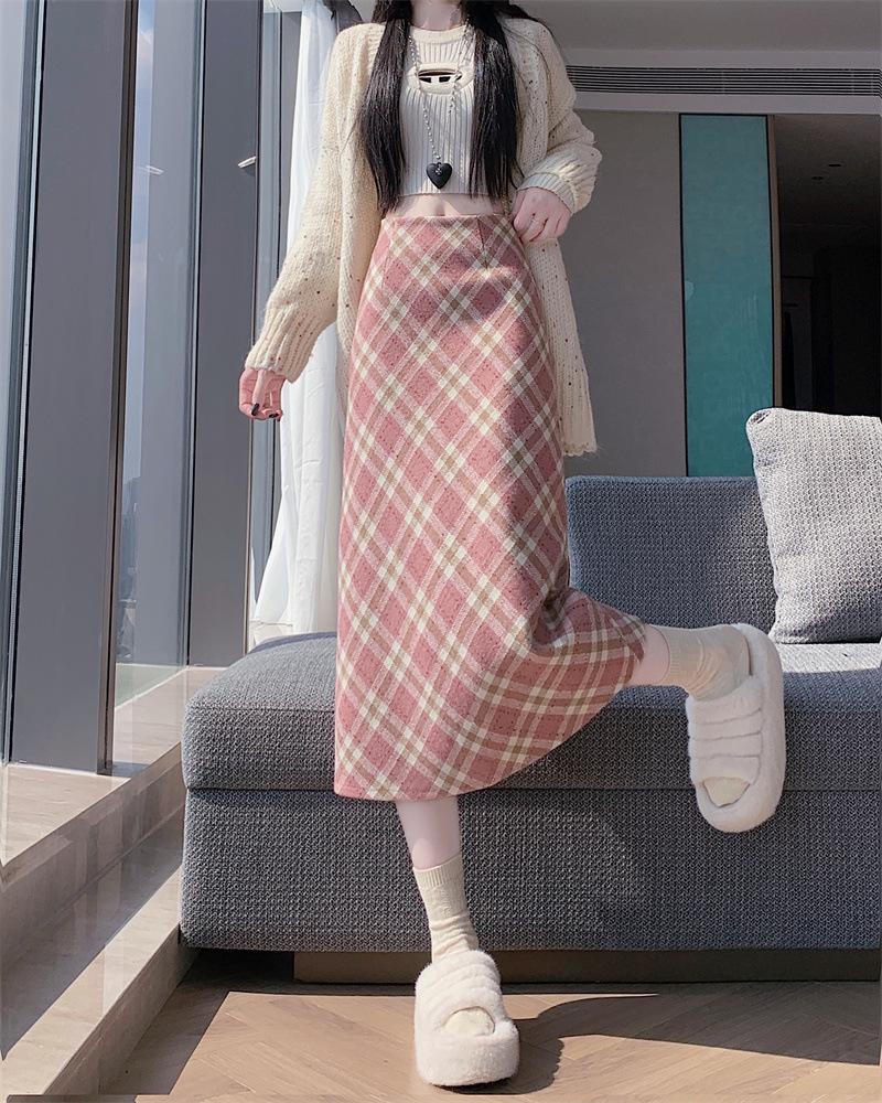 

Plus Size Pink Plaid High-Waisted A-line Wool Skirt with Back Slit - Spring/Autumn Mid-Length Women s Skirt M