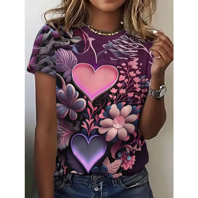Fashion Women's Crew Neck Short Sleeve 3D Casual Color Printing Casual Short Sleeve Crew Neck T-Shirt
