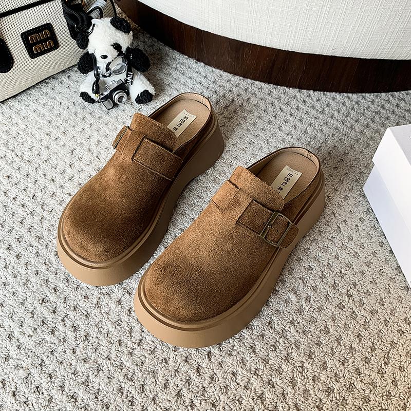 Fashion Women's Baotou Slippers Spring New Round Head Deep Mouth Metal Buckle Thick Sole Anti-slip Wear-resistant Flat Shoes