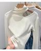 Koreanisches Schlank geschnittenes High-Neck-T-Shirt mit Aussparungen, weiß, langärmlig - Herbst/Winter 2025