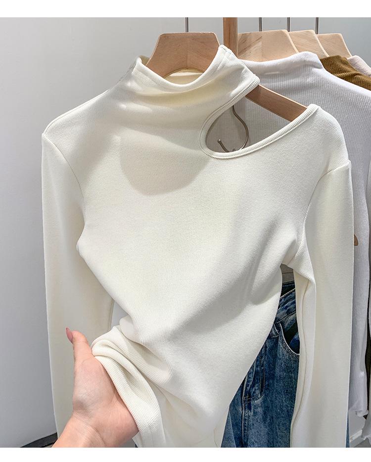Koreanisches Schlank geschnittenes High-Neck-T-Shirt mit Aussparungen, weiß, langärmlig - Herbst/Winter 2025