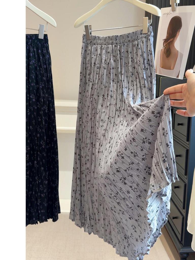Korean Style Floral Print A-line Midi Skirt with Elastic Waist for Women - Spring 2026 Arrival
