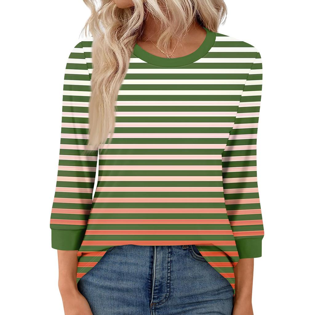 Women's Fashion Casual Seven Sleeve T-Shirt Print Round Neck Top