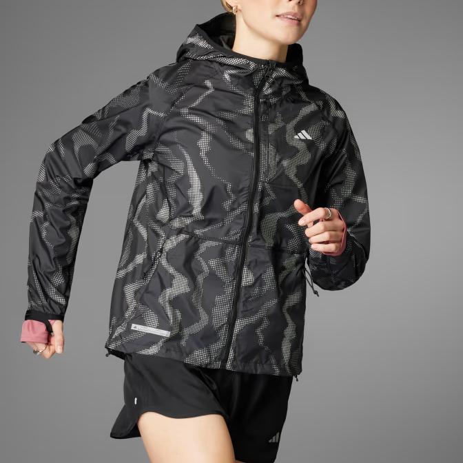 adidas Wind.Rdy Full Zip Hooded Jacket, Women Logo Print Long Sleeve Windproof Sports Outerwear Black Reflective Silver IT3445