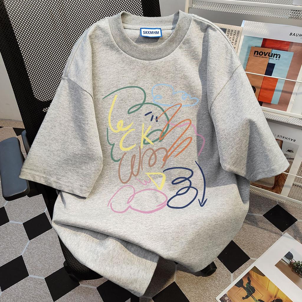 Ladies Summer Short Sleeve Round Collar Casual Graffiti Printed Teenager Pullover Oversize Cotton T Shirt Top