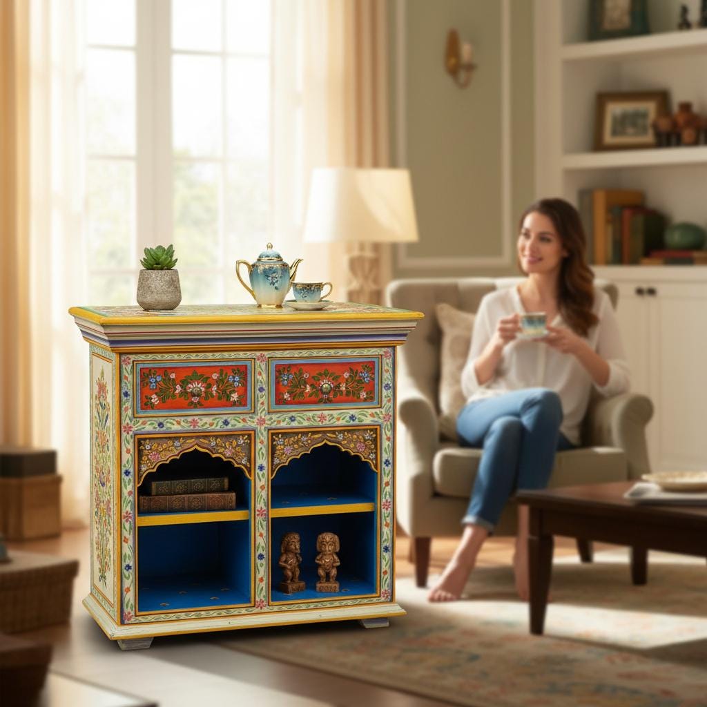 Wood Painted Bedside,Handicrafted Indian Drawer Desk Cupboard Cabinet Storage Bedroom Decor Furniture,Nightstand Sideboard Nightstand Table