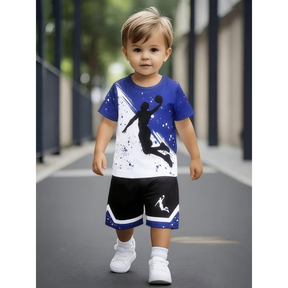 Boys Blue White Color Block Basketball Print Short Sleeve Side Stripe Shorts Set Sport Casual 110