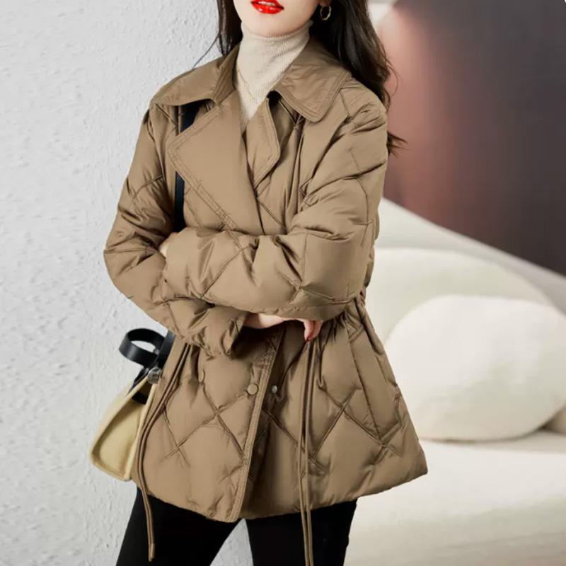 Chaqueta ligera de plumón para mujer, de longitud media, con cuello vuelto, de un solo pecho, holgada, recta, para otoño e invierno, abrigo de plumón de pato blanco, color liso, estampado de leopardo