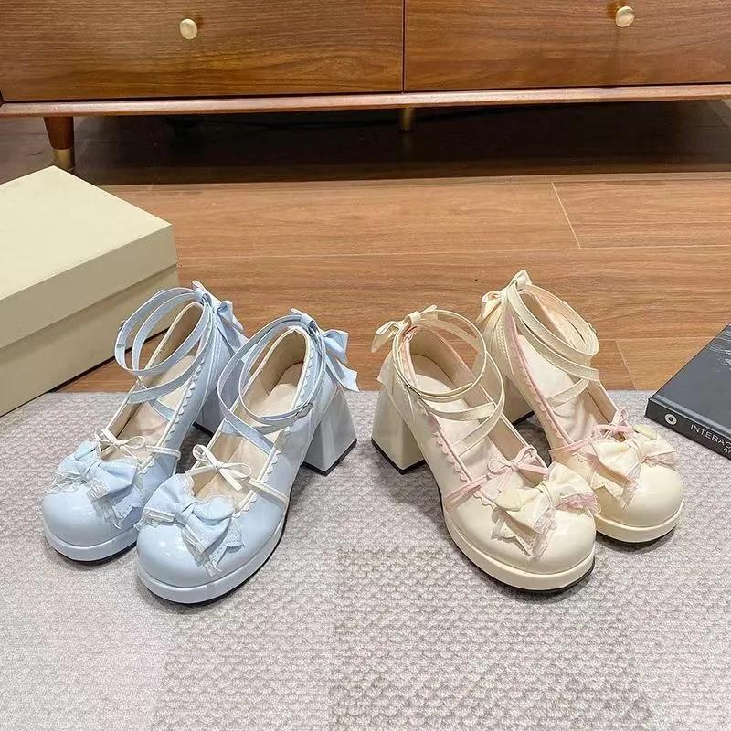 Cross Strap Women High Heels Mary Jane Pumps Party Wedding Cosplay Beige Blue Bow Princess Cosplay Lolita Shoes 2025